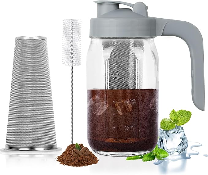 Cold Brew Coffee Maker Pitcher,32 Oz Glass Mason Jar Pitcher with V-shaped Pour Spout Handle Lid,Stainless Steel Filter for Iced Coffee,Iced tea,Breast Milk,Fruit Drinks,lemonade-Gray