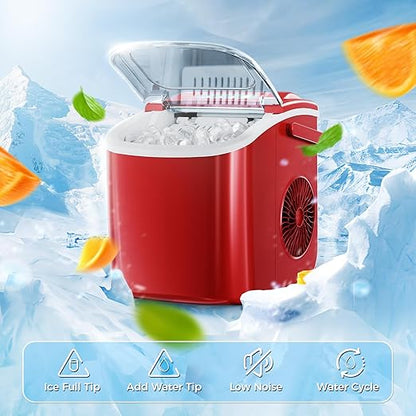 Antarctic Star Countertop Ice Maker Portable Ice Machine with Handle,Automatic-Cleaning Ice Makers, 26Lbs/24H, 9 Ice Cubes Ready in 6 Mins for Home Kitchen Party Bar Red