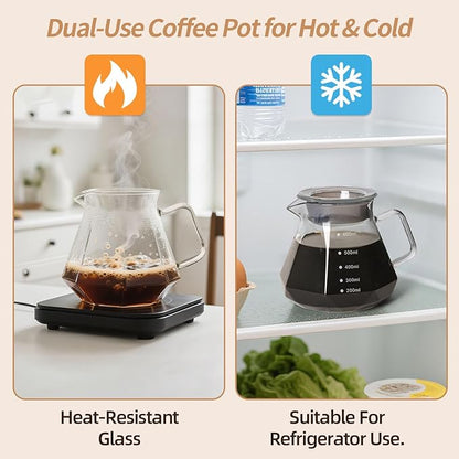 Pour Over Coffee Maker, Borosilicate Glass Drip Coffee Maker with Reusable Stainless Steel Filter and Cork Grip for Home Café (Walnut Collar, 20 OZ)