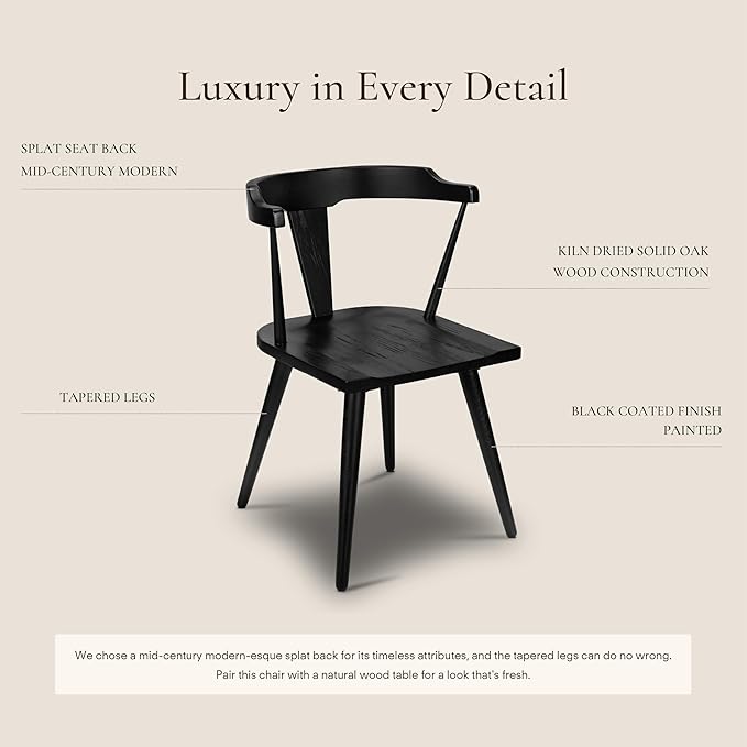 Poly & BARK Mid Century Modern Enzo Black Dining Chair – Solid Oak Wood Splat Back Chair, 18" Seat Height, 32" Tall – Stylish MCM Kitchen & Dining Room Chair - Set of 2