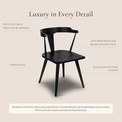 Poly & BARK Mid Century Modern Enzo Black Dining Chair – Solid Oak Wood Splat Back Chair, 18" Seat Height, 32" Tall – Stylish MCM Kitchen & Dining Room Chair - Set of 2