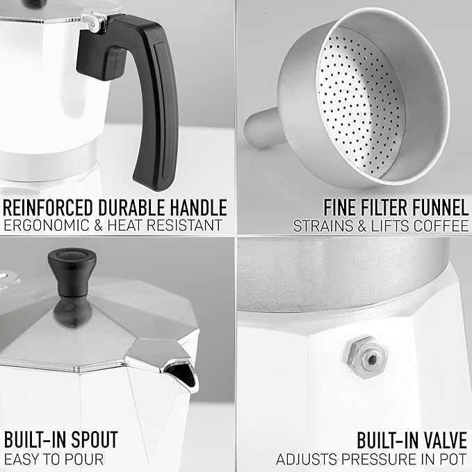 Zulay Moka Pot Espresso Stovetop Coffee Maker - Leak-Proof, Stainless Steel, Easy to Clean, Heat Resistant Handle & Knob - for Authentic Cuban & Italian Style Espresso - Makes 3 Espresso Cups - White