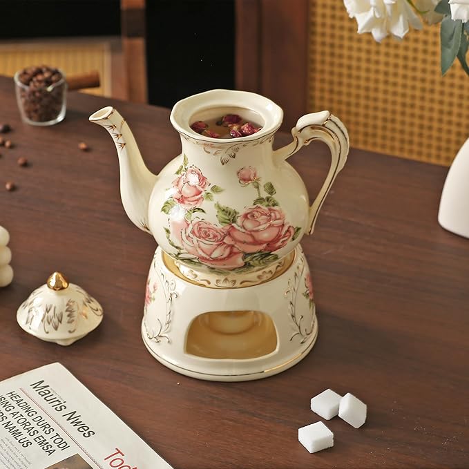 Vintage Ceramic Tea Pot, Heatable with Warmer, Decor for Party, Camping or Wedding, 25 oz/ 2 Cup, White with Pink Roses & Gold Trim