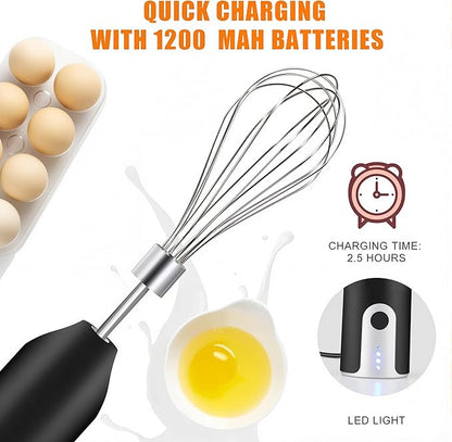 Electric Hand Mixer Whisk| Wireless Rechargeable Handheld Egg Beater with 2 Stainless Steel Mixing Heads | Portable Kitchen Aid Hand Mixer for Egg, Milkshake Cream, Cake, Baking & Cooking-Black