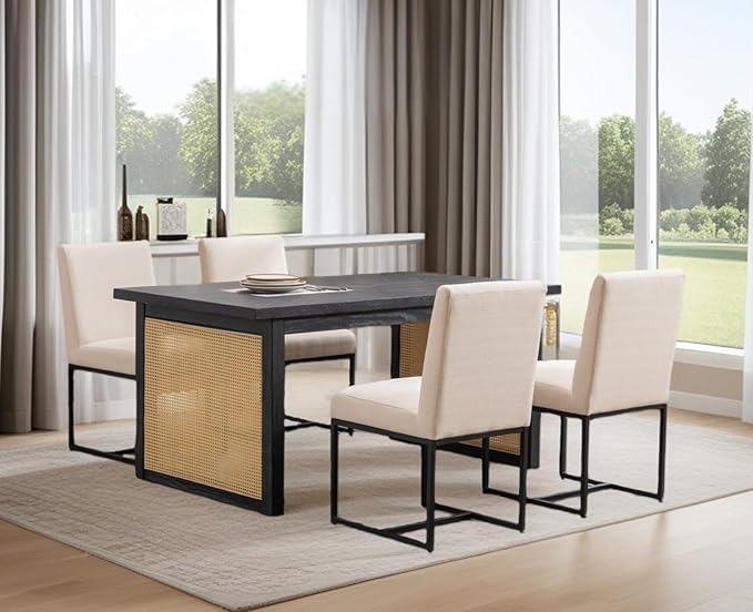 CIMOTA Modern Linen Dining Chair Set of 8, Mid Century Dining Room Chairs Fabric Upholstered Armless Side Chair with Black Sled Base for Dining Room, White Cream 8PCS