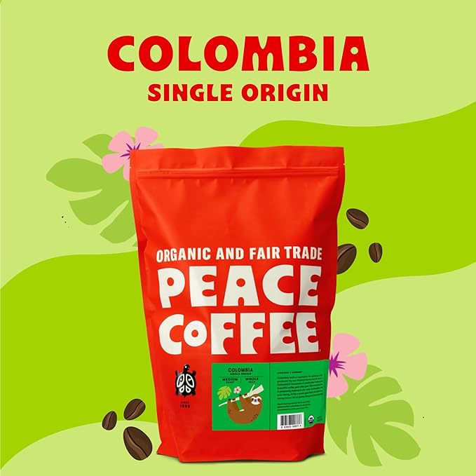 Peace Coffee Colombia Single Origin Coffee | 5 lb Ground Medium Roast | Organic Fair Trade | Smooth, Crisp Flavor | Shade Grown, Fresh Roasted