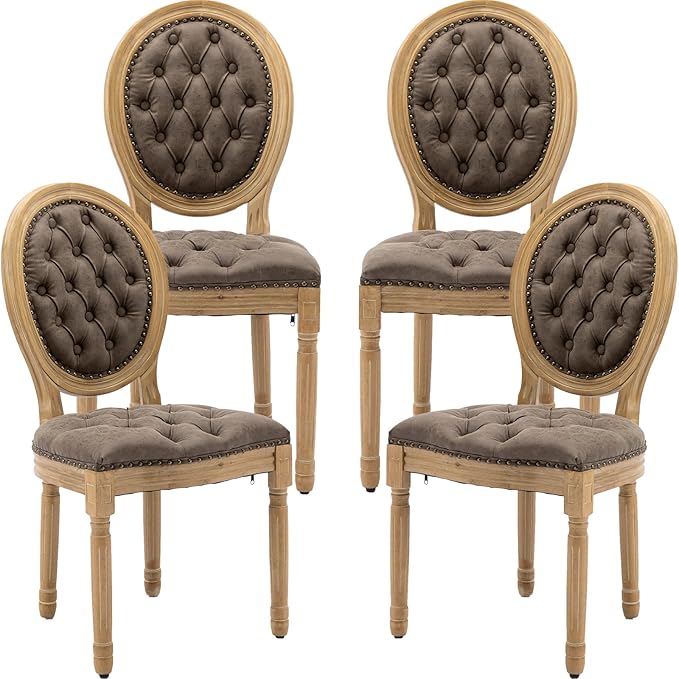 Vintage French Country Dining Chairs Set of 4, PU Leather Dining Chairs with Solid Wood Legs, Brown 4 Dining Chair Set, Sillas para Comedor, Kitchen & Dining Room Chair (Brown, PU, 4Pcs)