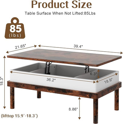 Shintenchi Coffee Table, Lift Top Coffee Table with Hidden Compartment, Rising Tabletop Dining Table, Lift Top Coffee Center Table for for Living Room, Office, Home (Rustic Brown)