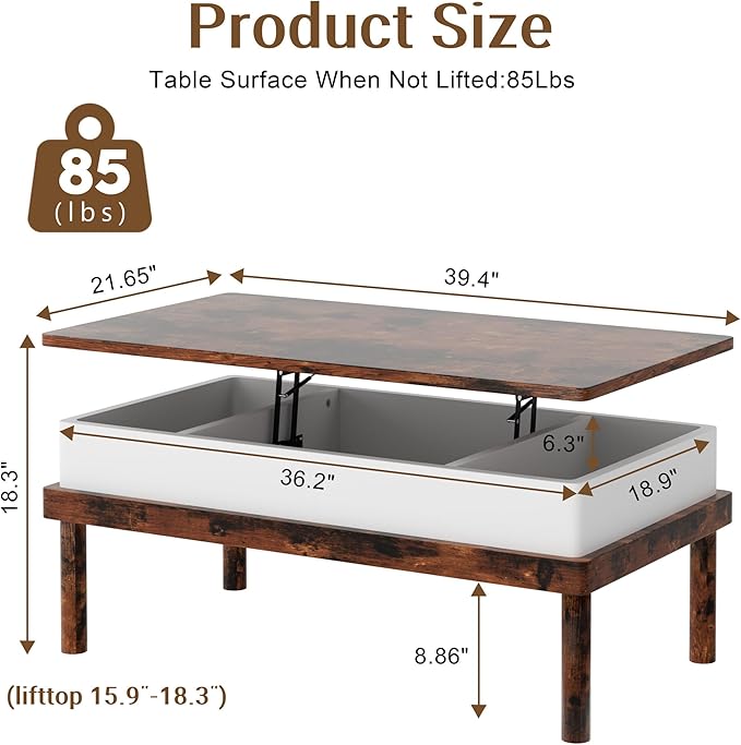 Shintenchi Coffee Table, Lift Top Coffee Table with Hidden Compartment, Rising Tabletop Dining Table, Lift Top Coffee Center Table for for Living Room, Office, Home (Rustic Brown)