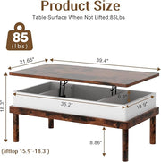 Shintenchi Coffee Table, Lift Top Coffee Table with Hidden Compartment, Rising Tabletop Dining Table, Lift Top Coffee Center Table for for Living Room, Office, Home (Rustic Brown)