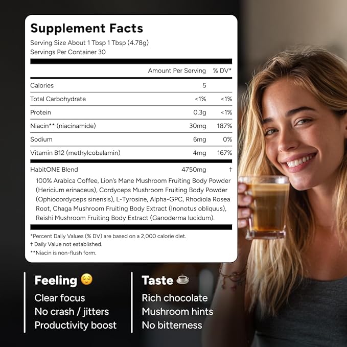 HabitONE Organic Mushroom Coffee Arabica – Lion’s Mane, Cordyceps, Reishi, Chaga – Alpha-GPC & L-Tyrosine, B12 & B3 – Better Energy, Focus, Digestion & Immunity – Made in USA – 30 Servings - Unroasted Coffee Beans