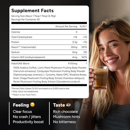 HabitONE Organic Mushroom Coffee Arabica – Lion’s Mane, Cordyceps, Reishi, Chaga – Alpha-GPC & L-Tyrosine, B12 & B3 – Better Energy, Focus, Digestion & Immunity – Made in USA – 30 Servings - Unroasted Coffee Beans
