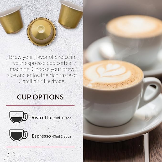 Camilla’s Heritage - Intensity 8 Caramel Flavored Espresso Coffee, Gourmet Espresso Cups, 60 Coffee Pods