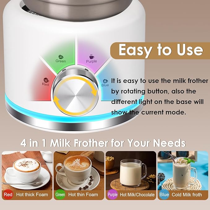 Milk Frother, 16.9 OZ Milk Frother and Steamer, 4 in 1 Electric Milk Frother Dishwasher Safe, Durable Silent Working Frother for Coffee, Hot and Cold Foam Maker, White