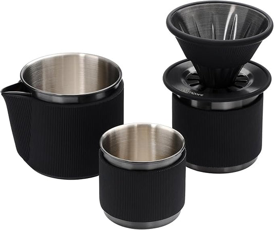 Normcore Travel Pour Over Set, Portable Pour Over Coffee Maker Set, Single Cup Travel Coffee Dripper, Use V60 and Wave Filter Paper Coffee Maker, 304 Stainless Steel, Matte Black Coating