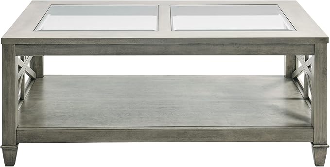 MODERION Solid Wood Coffee Table with Tempered Glass Top, Rectangular Living Room Table with 2-tire Storage Shelf, Industrial Centre Table, 45.5" X 26" Tabletop, Easy Assembly Antique Grey KFZ1318AN
