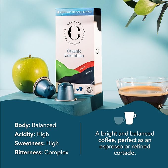 Cru Kafe Colombian USDA Organic Espresso Coffee Capsules (50 Pods) Fairtrade Coffee Pods Compatible with Nespresso Original Line and Pixie Machines