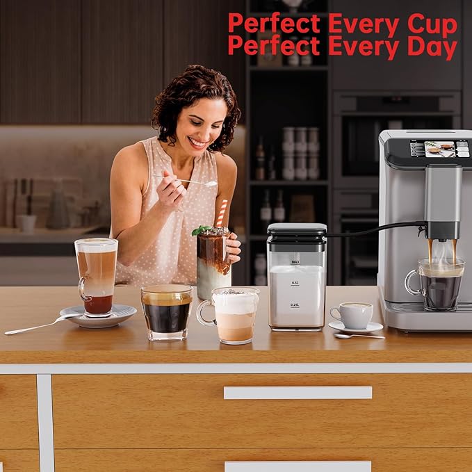 PioneerWorks Full Automatic Espresso Machine with Built-In Grinder & Milk Frother - FTF Touchscreen Coffee Maker for Latte/Cappuccino, 20 Bar Pressur & 1.5L Water Tank, 1350W, Grey