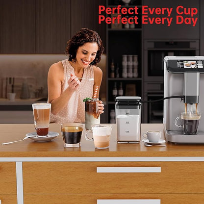 PioneerWorks Full Automatic Espresso Machine with Built-In Grinder & Milk Frother - FTF Touchscreen Coffee Maker for Latte/Cappuccino, 20 Bar Pressur & 1.5L Water Tank, 1350W, Grey