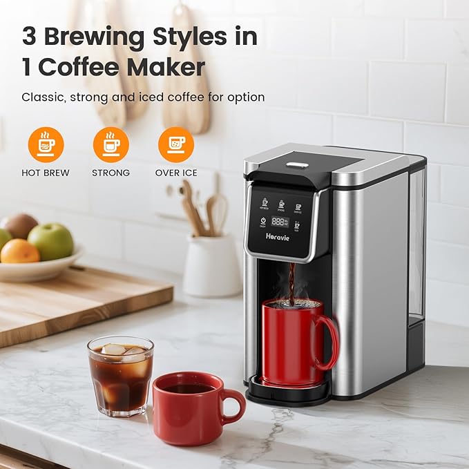 Single Serve Coffee Maker for K-Cup Pod and Grounds, Hot and Iced Coffee Maker, Strong Button Feature, 6 to 14oz Brew Sizes, 50oz Removable Reservoir, Up to 6.5 Inch Cup, Stainless Steel, Black
