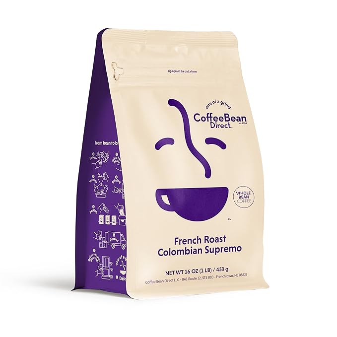 Coffee Bean Direct French Roast Colombian Supremo, Whole Bean Coffee, Dark Roast, 1 Pound Bag (Pack of 1)