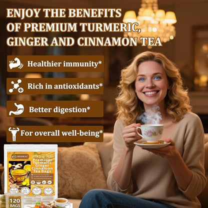 60 Bags Premium Turmeric Ginger Cinnamon Tea, 100% Natural Ingredients Blend, Pure Turmeric Ginger Herbal Tea for Wellness, No Additives, No Sugar, No Caffeine, Vegan (60 Bags)