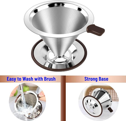 Reusable Paperless Coffee Filter V60,Coffee Dripper,Professional Stainless Steel Drip Cone Brew Coffee Strainer,Double Micro Mesh Filter,Coffee Filter Mug,Silicone Handle & Non-Slip Silicone Base (S)