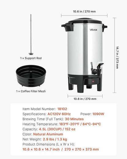 VEVOR Commercial Coffee Urn, 30 Cup 4.5 L Hot Beverage Dispenser with Dripless Faucet, Quick-Brewing Commercial Coffee Maker, Automatic Temperature Control, for Catering, Party, Church & Restaurant