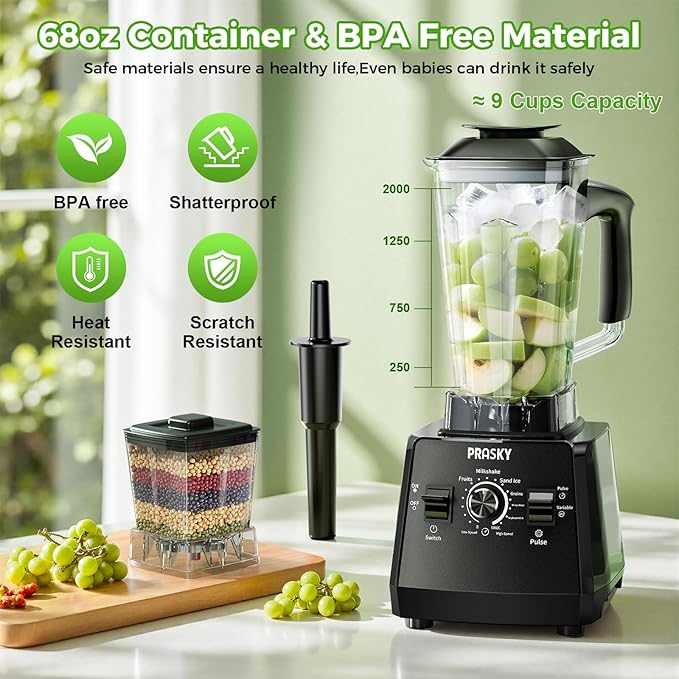 Blender for smoothies, PRASKY 1000W Blenders for Kitchen, 25,000 RPM Powerful Blender 68oz BPA-Free Juicer and Grinder with To-Go Gym Bottle, Countertop Blenders for Ice Crushing, Shakes, Fruits