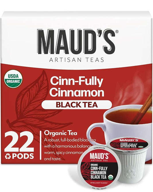 Maud's Organic Cinnamon Black Tea Pods, 22 ct, Recyclable Single Serve Tea Pods – 100% Gourmet Blended Tea Leaves, Compatible with Keurig K Cups Maker