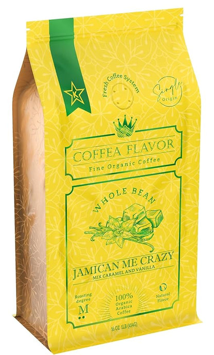 Jamaican Me Crazy Whole Bean Coffee – 100% Arabica, Single Origin, Medium Roast, Naturally Sweetened, Caramel and Vanilla Flavored – Perfect for Cold Brew – by Coffea Flavor