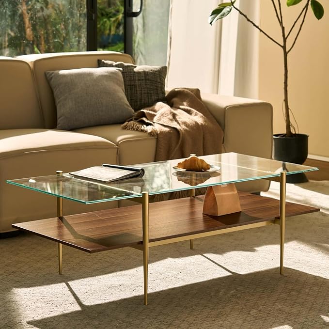 AGV LIGHTING Tadio Large Glass Coffee Table, Mid-Century Modern Coffee Table for Living Room, Gold Finish Leg, Clear Glass Top & Walnut Brown Shelf, 47 in