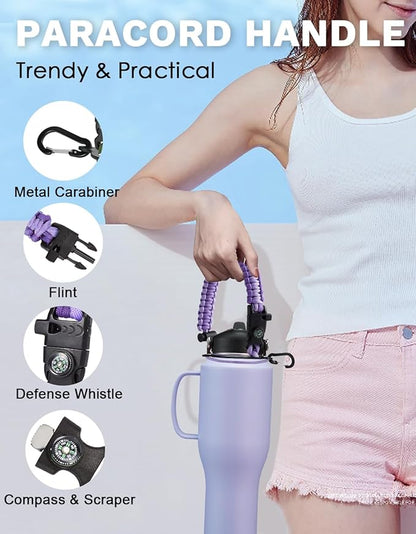 40 OZ Water Bottle with Handle and Straw - Cold-48h & Hot-24h, Insulated Water Bottle Fit in Car Cup Holder, Stainless Steel Water Bottle Coffee Tumbler Cup with Straw, Carrier Bag, Paracord