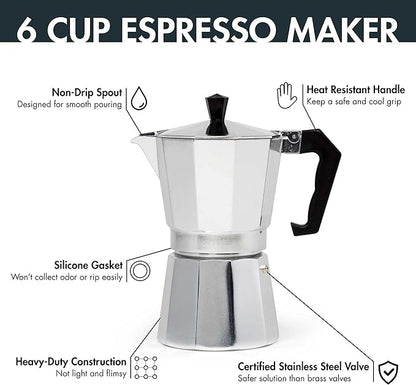 Primula Stovetop Espresso Maker and Handheld Electric Milk Frother Gift Set, Moka Pot for Classic Italian and Cuban Coffee, Cafetera, 6 Espresso Cups, Silver