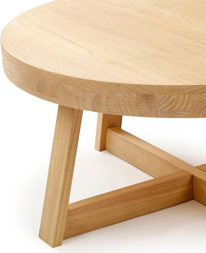 Plank+Beam Classic Round Coffee Table, 36 Inch Farmhouse Coffee Table, Rustic Mini Center Tables for Small Spaces, Small Living Space Tea Table, Blonde Wirebrush