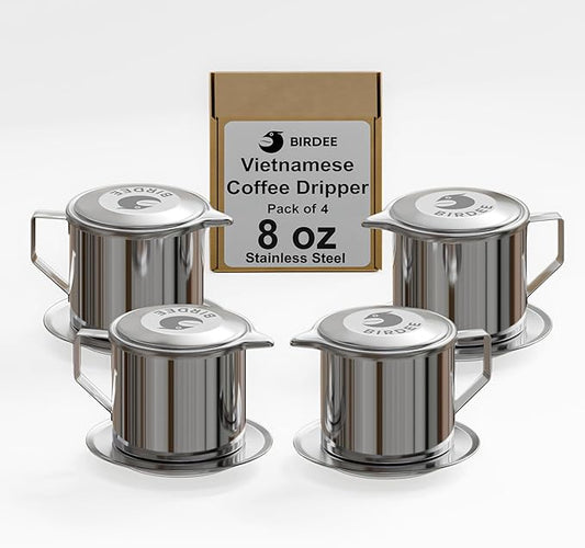 Birdee Vietnamese Coffee Dripper - Pack of 4 - Make up to 8oz Cup, Stainless Steel, Small Drip Filter, Durable, Dishwasher Safe, Home Use, Travel, Camping, Gift Sets
