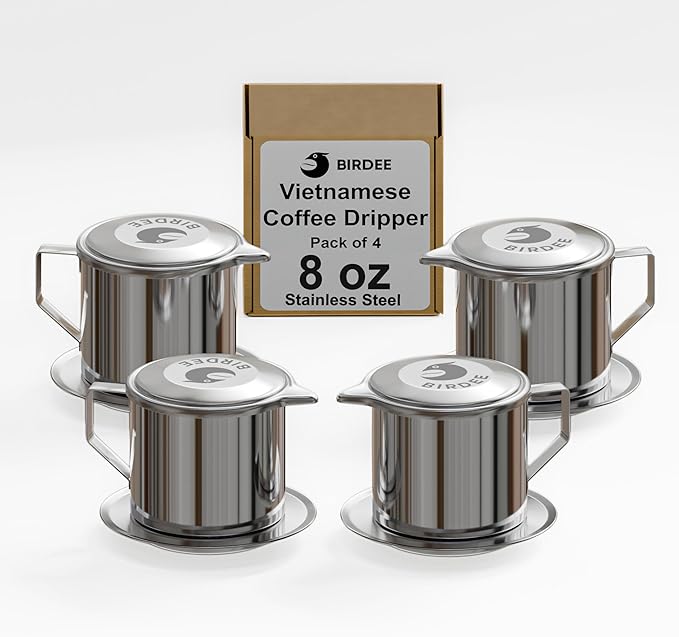 Birdee Vietnamese Coffee Dripper - Pack of 4 - Make up to 8oz Cup, Stainless Steel, Small Drip Filter, Durable, Dishwasher Safe, Home Use, Travel, Camping, Gift Sets