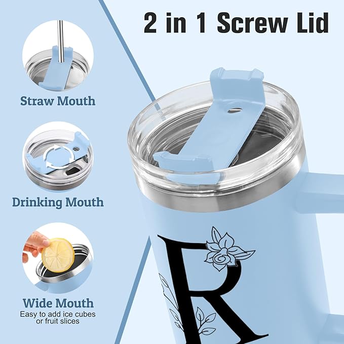 Personalized 40 Oz Tumbler with Handle and Straw, Custom Cup with Name & Birth Flower, Stainless Steel Travel Coffee Tumbler,Personalized Christmas Birthday Gifts for Women, Teen Girls