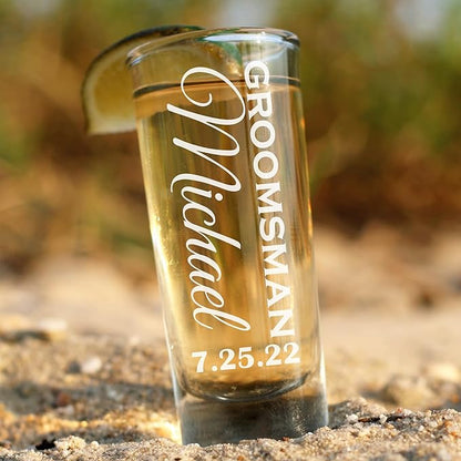 Custom Engraved 2 oz Shot Glass – Personalized Etching – Groomsman & Bridesmaid Gift – Wedding Favor Set of 4