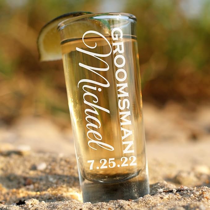 Custom Engraved 2 oz Shot Glass – Personalized Etching – Groomsman & Bridesmaid Gift – Wedding Favor Set of 2