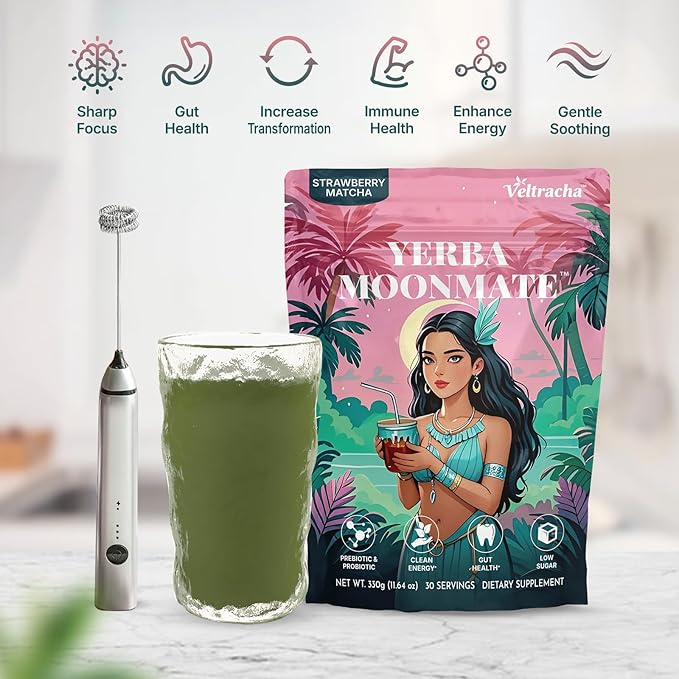 Yerba Mate Instant Tea Powder, 4-in-1 Functional Yerba Extract with Prebiotics & Probiotics, Low Sugar Clean Energy Drink for Focus, Gut Health & Reduce Brain Fog, Strawberry Matcha - 30 Servings