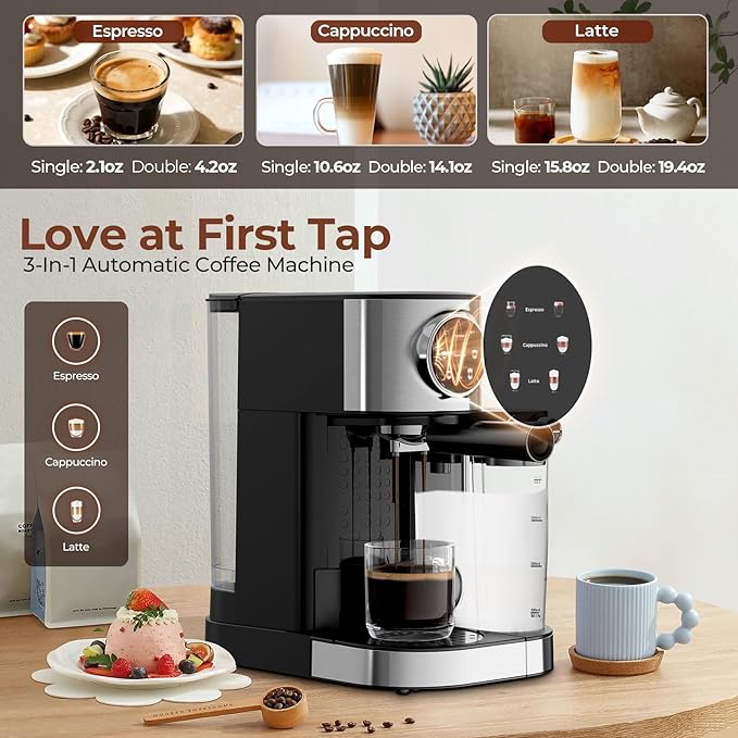 20 Bar Compact Espresso Machine with Steam Milk Frother，Professional Espresso Maker for Home and Office，1350W Touchscreen Cappuccino ＆ Latte Machine，57oz Detachable Water Tank，Black