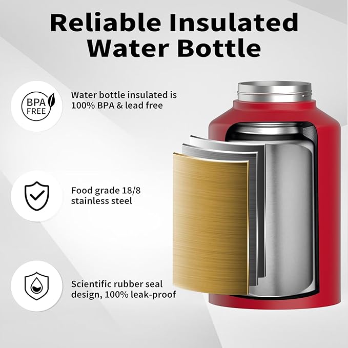 1 Gallon Water Bottle Insulated(Cold for 48 Hrs),BPA Free&Leak Proof,128oz Stainless Steel Water Jug,Big thermo,Large Water Bottle with Handle for Gym,Hiking,Camping&Travel,Red