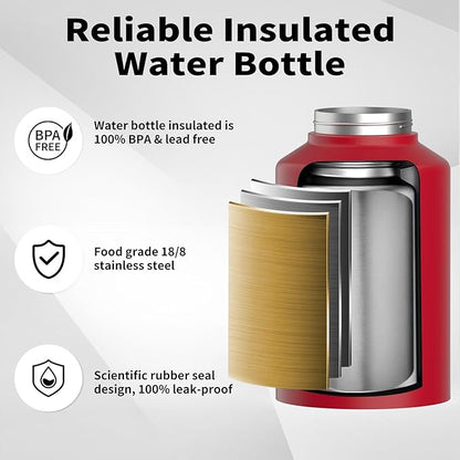 1 Gallon Water Bottle Insulated(Cold for 48 Hrs),BPA Free&Leak Proof,128oz Stainless Steel Water Jug,Big thermo,Large Water Bottle with Handle for Gym,Hiking,Camping&Travel,Red