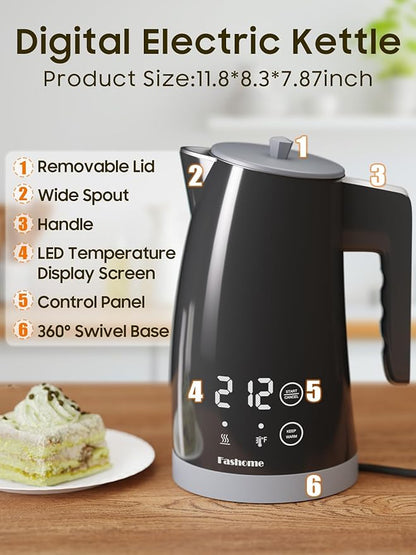 Temperature Control Electric Kettle, 5 Temp Presets, 2H Keep Warm, 1.25L 1200W Fast Boil with LED Display, Cool-Touch Design with Auto Shut-Off, Cordless Design (Gray)