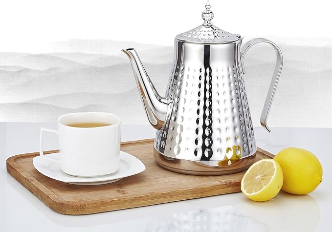 SANQIAHOME 1.8L(60oz) Stainless Steel Hammer Patterned Teapot With Removeable Infuser,Loose leaf cover,Silver