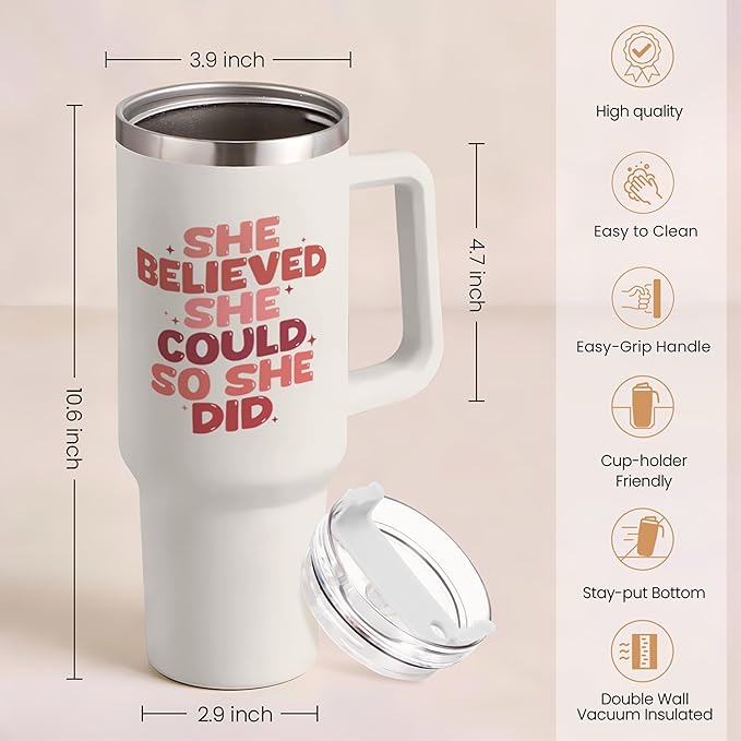 SANDJEST Graduation Gifts for Women She Believed She Could So She Did Tumbler 40oz Stainless Steel Insulated with Handle and Straw, New Job, Going Away, Inspirational Gifts for Her
