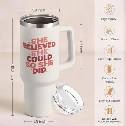 SANDJEST Graduation Gifts for Women She Believed She Could So She Did Tumbler 40oz Stainless Steel Insulated with Handle and Straw, New Job, Going Away, Inspirational Gifts for Her