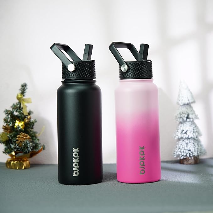 BJPKPK 2 Pack Insulated Water Bottles with Straw Lids, 27oz Stainless Steel Metal Water Bottle with 6 Lids, Leak Proof BPA Free Jugs, Cups, Flasks for Travel, Sports (Cherry+Black)