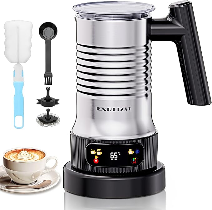 Milk Frother and Steamer, 4 in 1 Milk Frother Electric with LED Temp Display, Warm and Cold Automatic Foam Maker Stainless Steel with Touch Screen for Coffee, Latte, Cappuccino, Hot Chocolate
